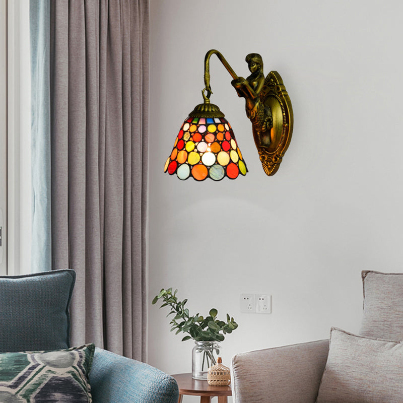 BowLift | 1 Head Wall Mount Light Tiffany Bell Multicolor Stained Glass Wall Lamp Fixture in Antique Brass