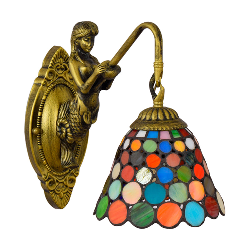 BowLift | 1 Head Wall Mount Light Tiffany Bell Multicolor Stained Glass Wall Lamp Fixture in Antique Brass