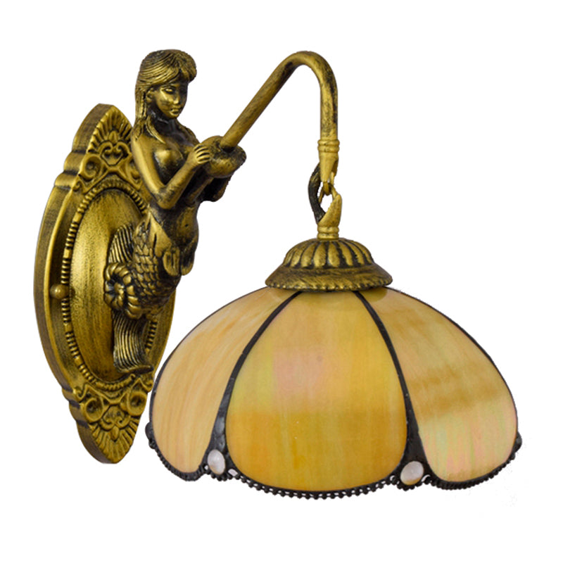 BowLift | Antique Brass Flower Wall Lighting Fixture Tiffany 1 Head Yellow Glass Wall Lamp with Mermaid Decoration