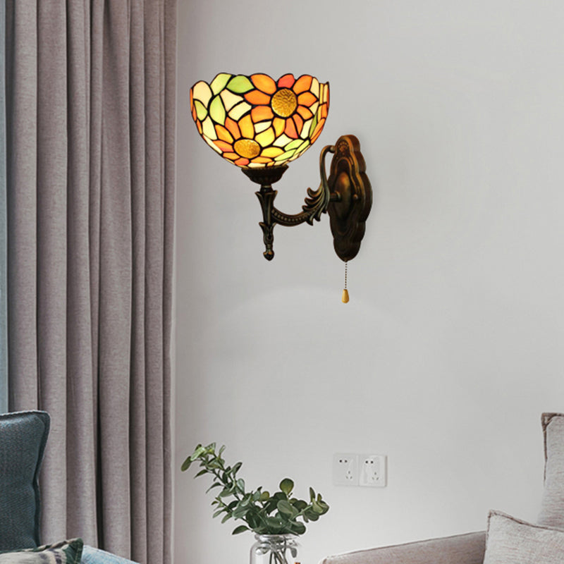 BowLift | Stained Glass Sunflower Wall Lamp 1 Light Rustic Tiffany Wall Lamp in Orange for Library