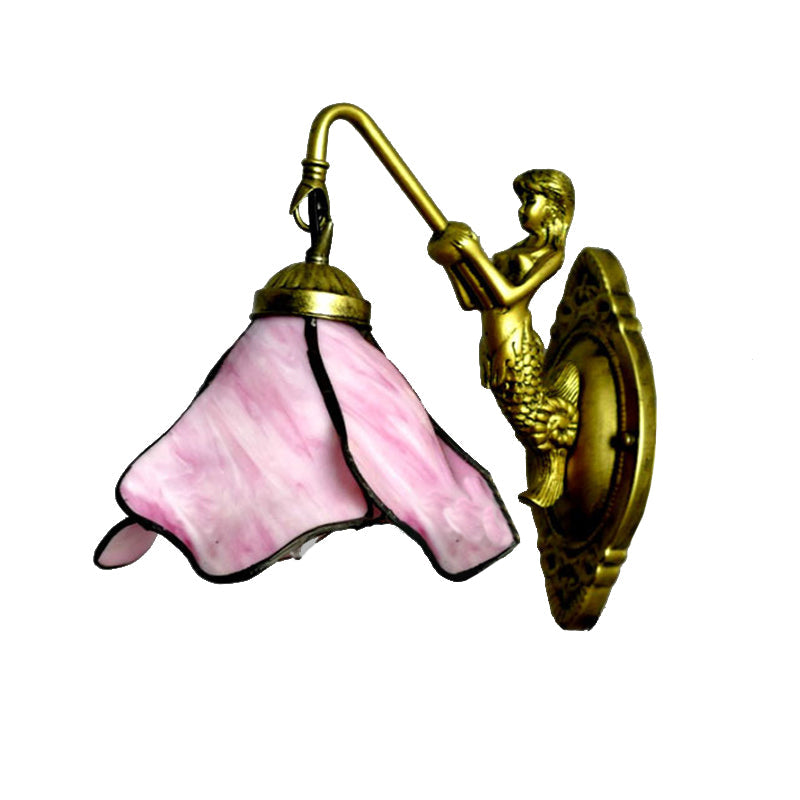 BowLift | 1 Head Flower Wall Mount Lighting Tiffany Blue/Clear/Pink Glass Wall Lamp with Mermaid Backplate