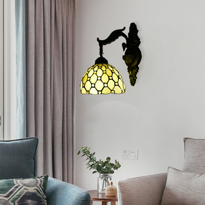 BowLift | Beige Lattice Dome Wall Lamp with Engraved Arm 1 Main Tiffany Traditional Glass Wall Lamp for Corridor
