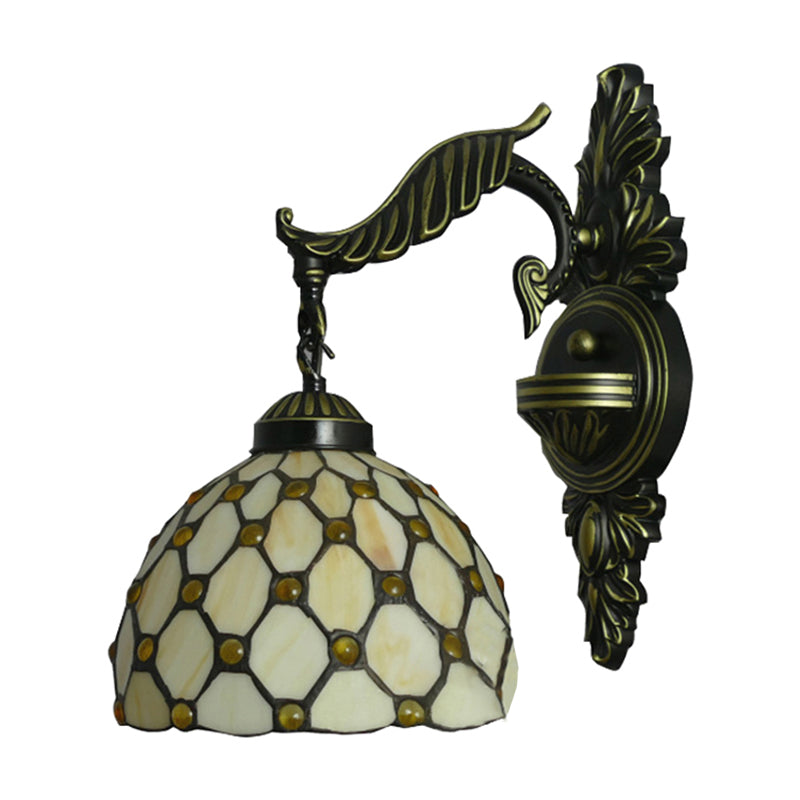 BowLift | Beige Lattice Dome Wall Lamp with Engraved Arm 1 Main Tiffany Traditional Glass Wall Lamp for Corridor