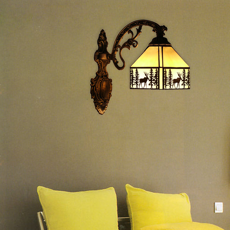 BowLift | 1 Light Forest Deer Wall Lamp with Lodge Shade Tiffany Rustic Wall Fixture in Beige for Hotel
