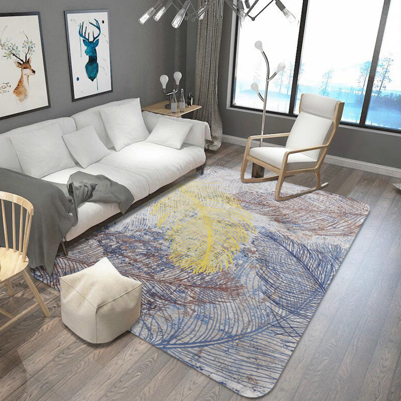 BowLift | Yellow Shabby Chic Carpet Polyester Feather Pattern Carpet Machine Washable Non-Slip Back Carpet for Decoration
