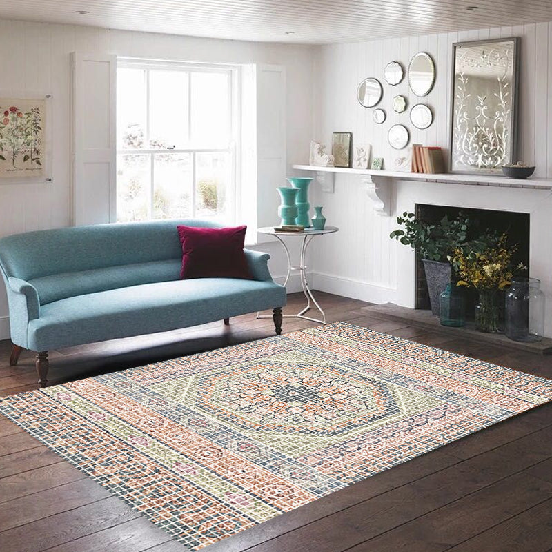 BowLift | Bohemian striped patterned rug with flowers Multicolored Polyester rug Machine washable non-slip back rug for living room