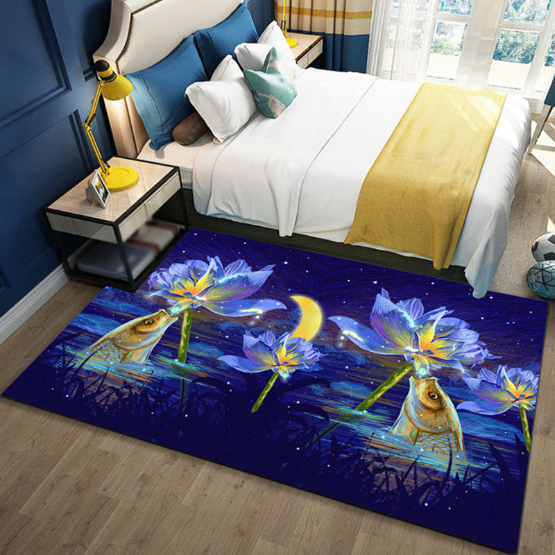 BowLift | Children's Ocean Pattern Rug with Fish Blue Polyester Rug Non-Slip Back Washable Pet-Friendly Rug for the Bedroom