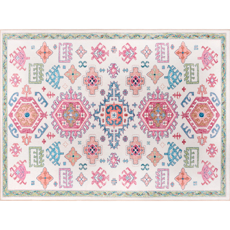 BowLift | White and pink Bohemian rug Polyester floral pattern pet-friendly washable non-slip backing rug for decoration