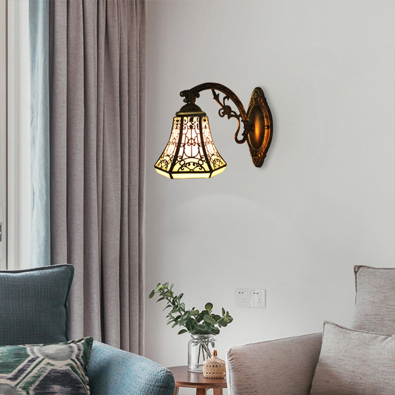 BowLift | Art Glass Bell Wall Lamp with Engraved Arm 1 Head Vintage Tiffany Wall Lamp in Black for Outdoor