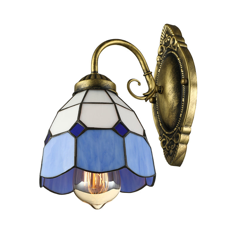BowLift | Vintage Style Grid Dome Wall Light 1 Bulb Art Glass Wall Light with Curved Arm in Blue for Bathroom