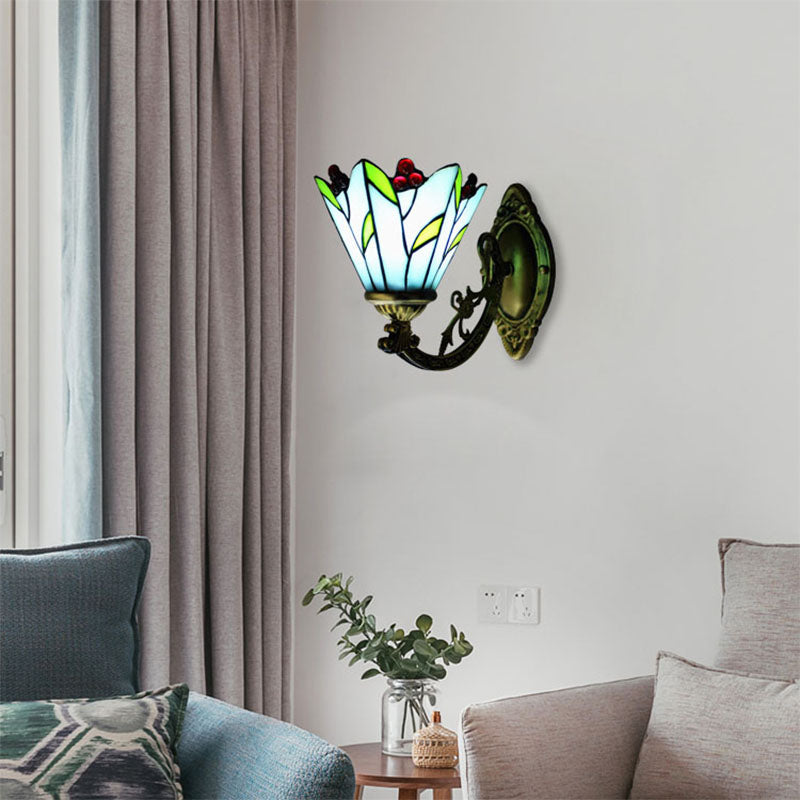 BowLift | Stained glass flower and leaf wall lamp 1 main antique Tiffany wall light in blue for kitchen