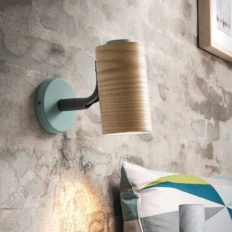 BowLift | Cylindrical Wood Wall-Mounted Light Minimalism 1 Light Yellow/Blue/Green Wall Light for Bathroom