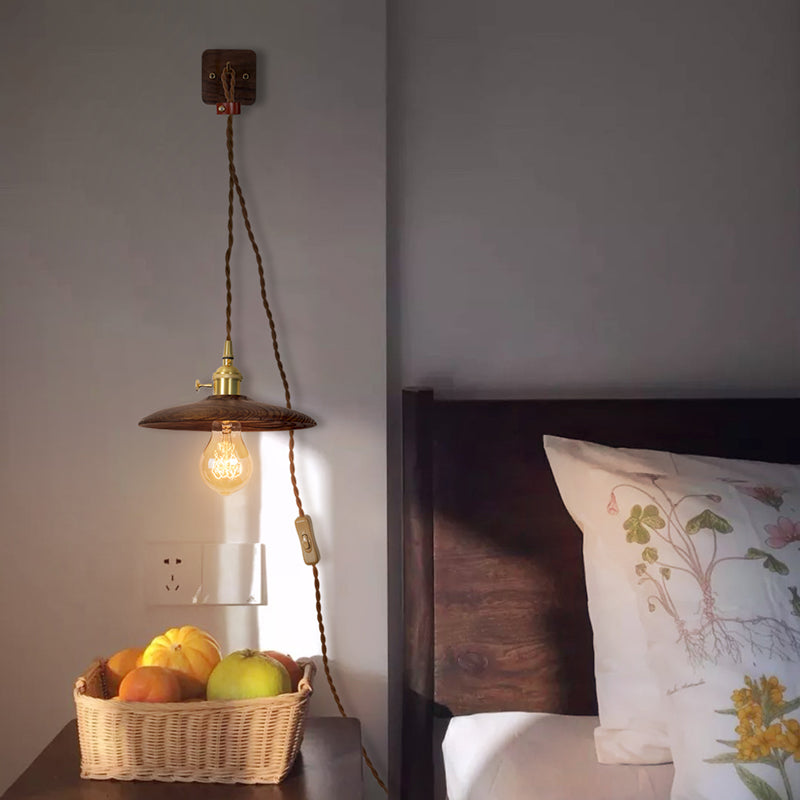 BowLift | Wooden Tray Plug Wall Lighting Ideas Rustic 1 Light Bulb 8"/10" Wide Nightstand Wall Lamp in Brown with Extra Long Cable