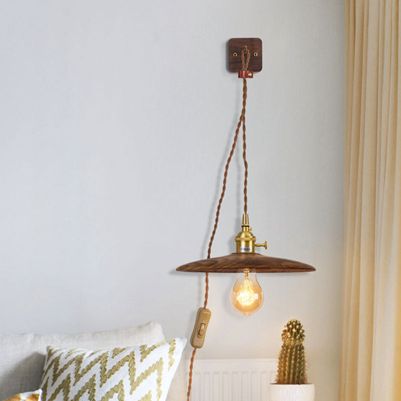 BowLift | Wooden Tray Plug Wall Lighting Ideas Rustic 1 Light Bulb 8"/10" Wide Nightstand Wall Lamp in Brown with Extra Long Cable