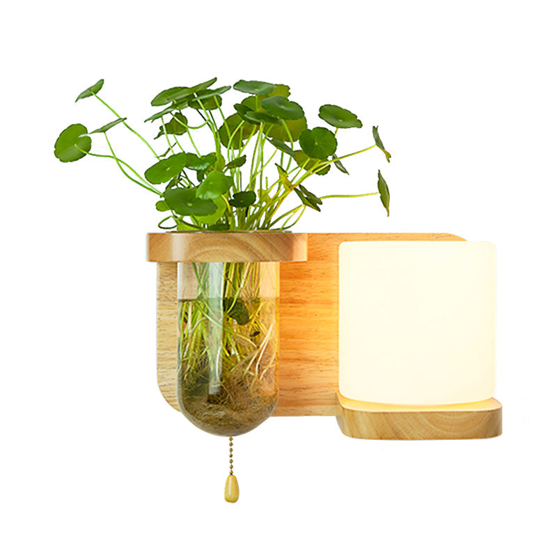 BowLift | Wood Globe/Cylinder Wall Sconce Nordic Cream Glass 1 Light Bedroom Wall Lamp with Plant Pot and Pull Chain