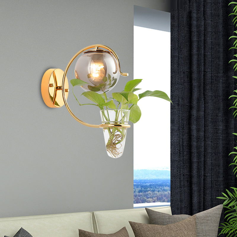 BowLift | Cream/Smoke Gray Glass Orb Wall Lamp Vintage 1-Light Bedroom Wall Lamp in Black/Gold with C-Shaped Arm and Plant Pot