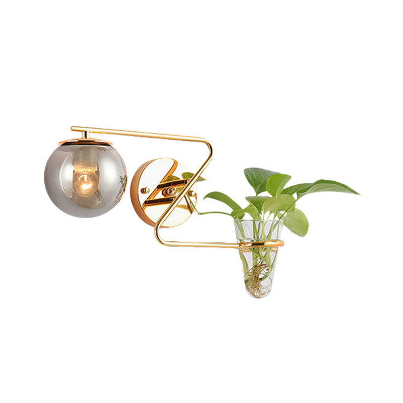 BowLift | Global Bedroom Wall Light Industrial Cream/Smoke Grey Glass 1 Head Black/Gold Wall Lamp with Clear Glass Plant Holder