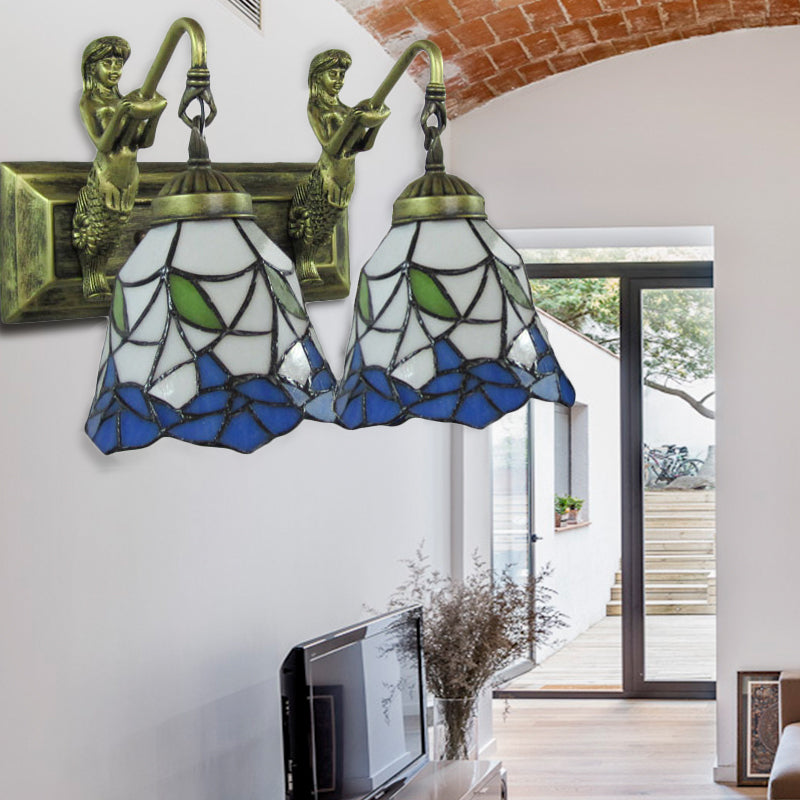 BowLift | 2 heads hallway wall lamp Mediterranean antique bronze wall-mounted lamp with flared blue and white glass shade