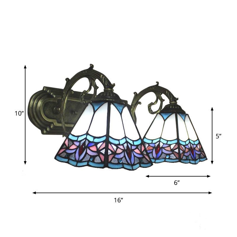BowLift | 2 Bulbs Pyramid Wall Light Tiffany Classic Stained Glass Wall Lamp in Blue with Curved Arm for Hallway