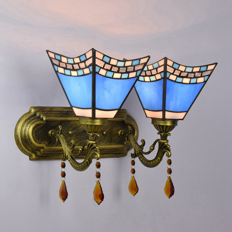 BowLift | Blue Craftsman Wall Light with Agate 2 Bulbs Mediterranean Stained Glass Wall Light for the Entrance Area