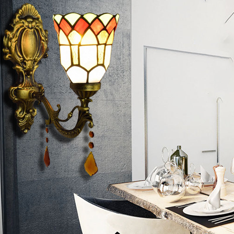 BowLift | 1 Light Small Bell Woven Light Tiffany Etched Glass Wall Lamp with Agate for Study Room