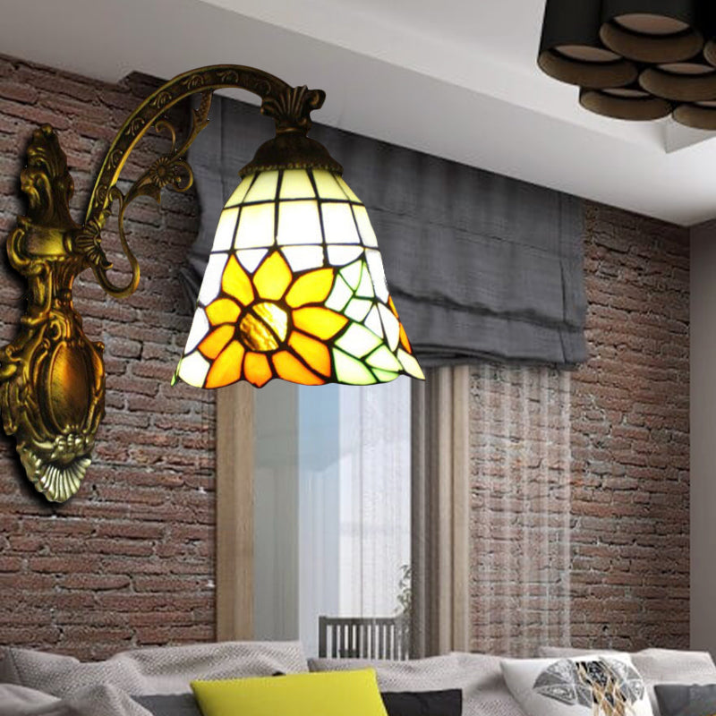 BowLift | Yellow glass bell-shaped wall lamp with sunflower and carved arm 1 bulb rustic wall fixture for villa