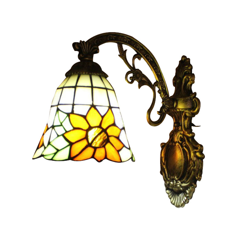 BowLift | Yellow glass bell-shaped wall lamp with sunflower and carved arm 1 bulb rustic wall fixture for villa