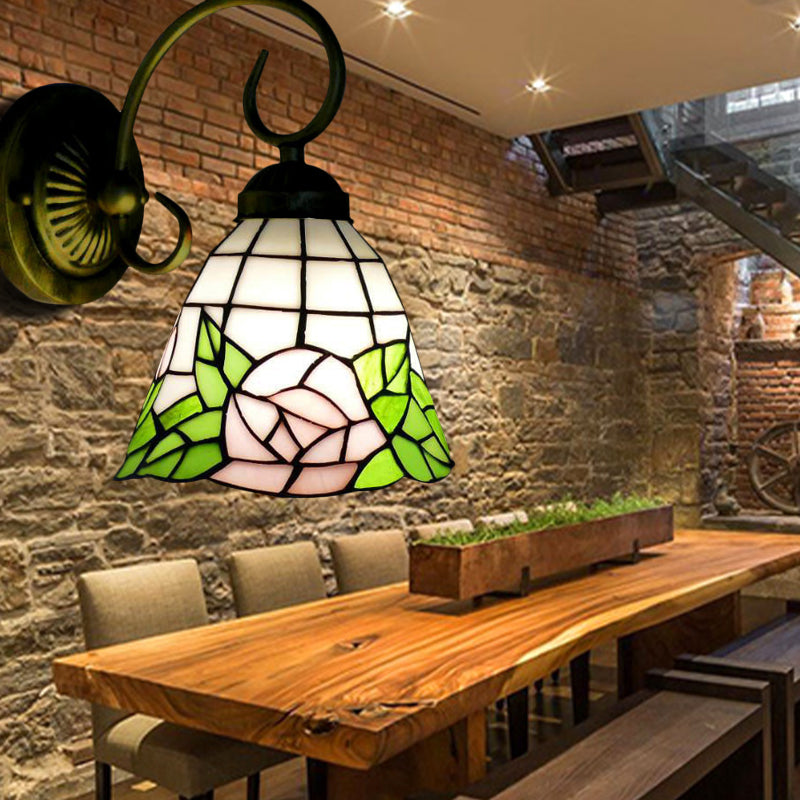 BowLift | Green Bell Wall Lamp Tiffany 1 Head Stained Glass Wall Light with Rose Pattern