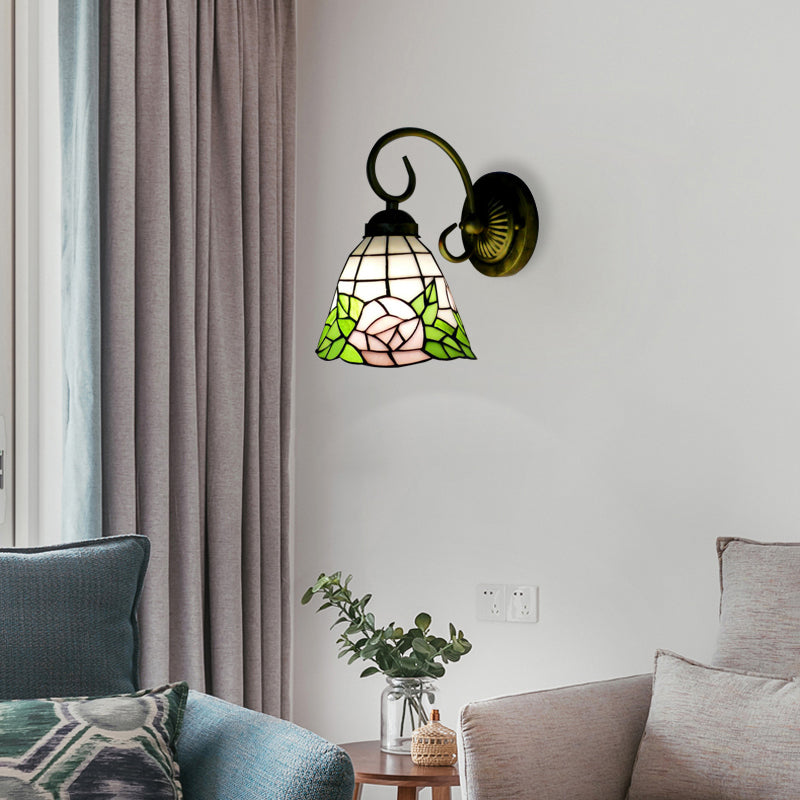 BowLift | Green Bell Wall Lamp Tiffany 1 Head Stained Glass Wall Light with Rose Pattern