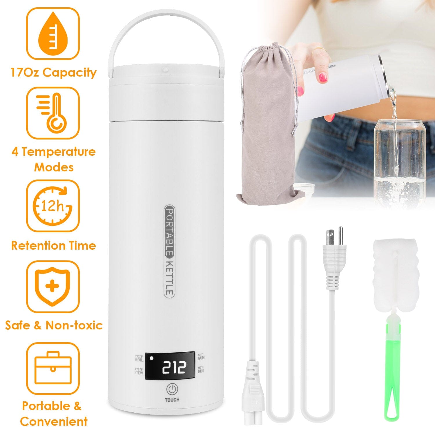 BowLift | 17Oz Stainless Steel Travel Electric Kettle with 4 Temperature Presets