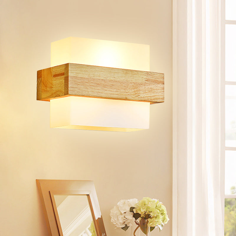 BowLift | Cube Wall Mount Light Fixture Minimalism Opal Glass 1 Main Color Beige Surface Wall Lamp with Wooden Detail