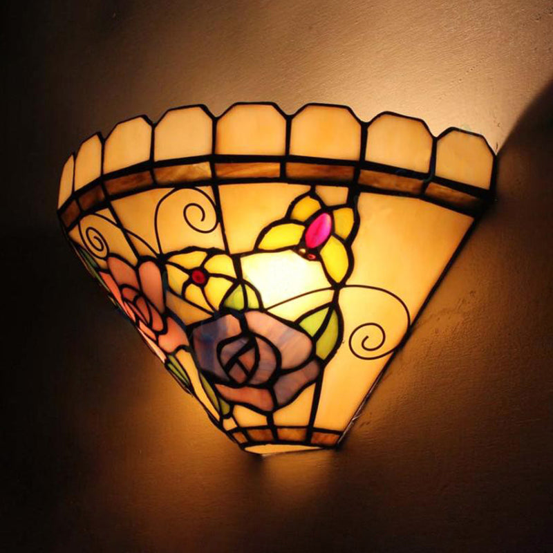 BowLift | 1 Light Beige Cone Wall Lamp with Flower and Butterfly Woven Glass Wall Light