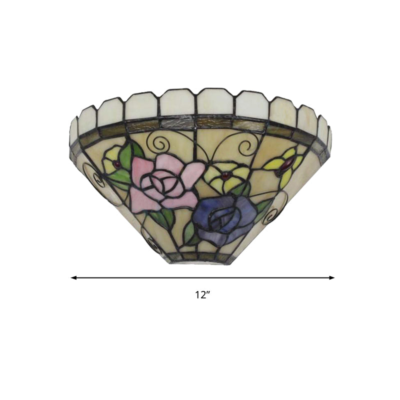BowLift | 1 Light Beige Cone Wall Lamp with Flower and Butterfly Woven Glass Wall Light