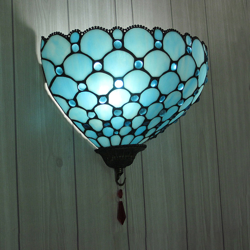 BowLift | Wall Mounted Light with Fish Scale 1 Light Geotord Glass Tiffany Style Blue Wall Light