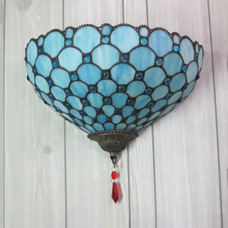 BowLift | Wall Mounted Light with Fish Scale 1 Light Geotord Glass Tiffany Style Blue Wall Light
