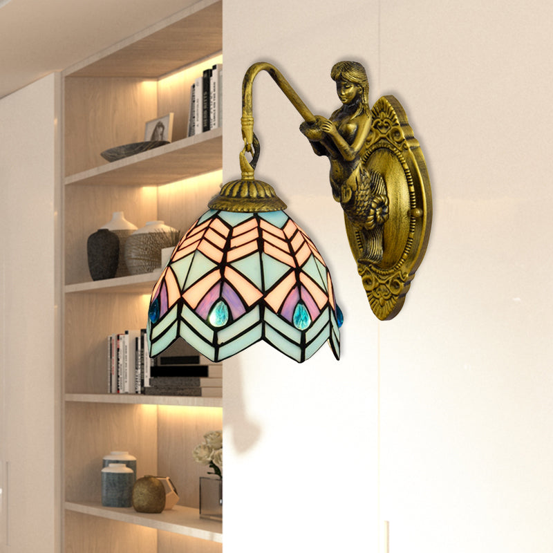 BowLift | Peacock Tail Wall Lamp Tiffany Multicolor Etched Glass 1 Head Antique Brass Wall Mount Lamp