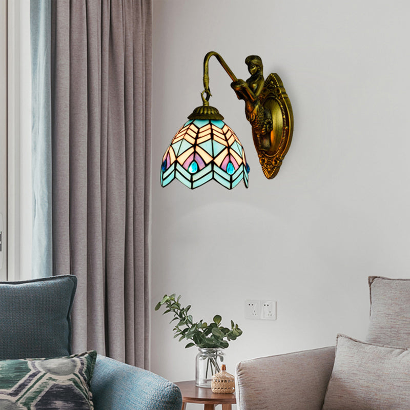 BowLift | Peacock Tail Wall Lamp Tiffany Multicolor Etched Glass 1 Head Antique Brass Wall Mount Lamp
