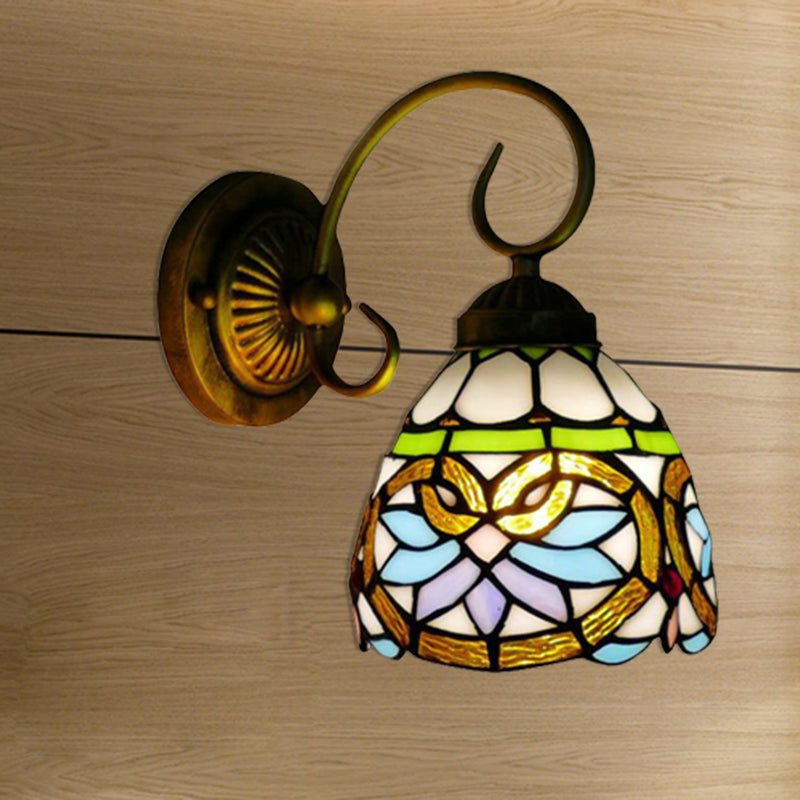 BowLift | Dome Wall Light Victorian 1 Head Stained Glass Wall Sconces Lighting in Antique Brass for Bedroom