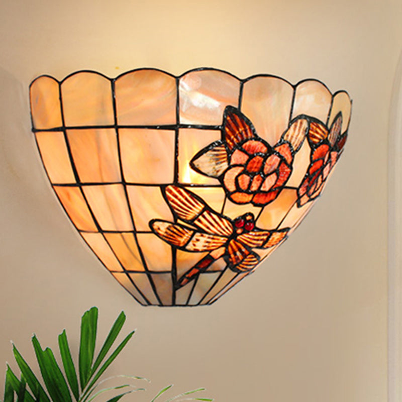 BowLift | Beige Wall Lamp with Bowl Shade Tiffany Style Handmade Shell Wall Lamp Light with Rose and Dragonfly Pattern