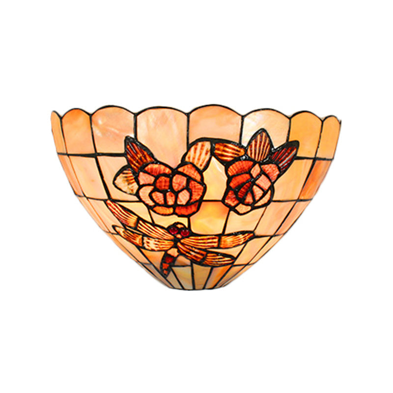 BowLift | Beige Wall Lamp with Bowl Shade Tiffany Style Handmade Shell Wall Lamp Light with Rose and Dragonfly Pattern