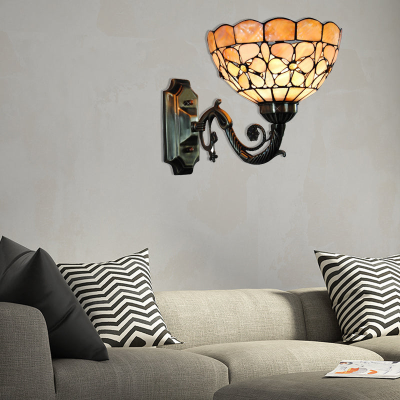 BowLift | 1 Head Wall Lamp Tiffany Bowl Orange Shell Wall Lamp with Curved Arm