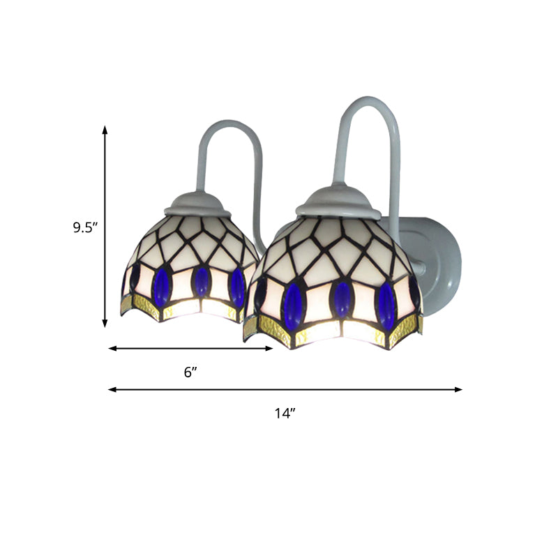 BowLift | White Dome Wall Lamp Tiffany 2 Heads Speckled Glass Wall Mounted Lamp with Blue Ornament Decoration