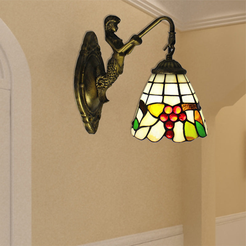 BowLift | 1 Light Mermaid Wall Mounted Light with Fruit Pattern Stained Glass Mini Wall Light Illumination