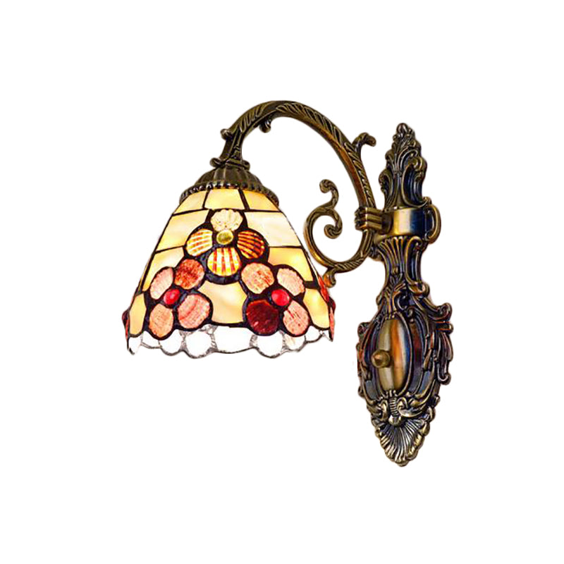 BowLift | Bowl-shaped Wall-mounted Light with Stained Glass 1-Light Wall Lighting with Floral Pattern in Antique Brass