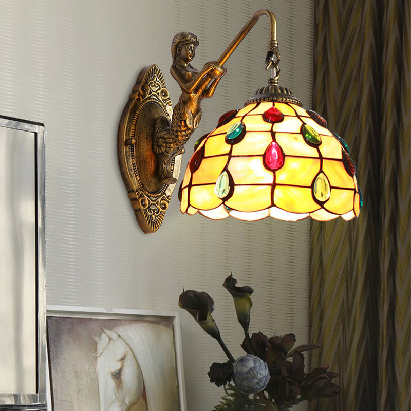 BowLift | Beaded Wall Light Tiffany Beige Glass 1 Head Brass Wall Mount Light with Mermaid Backplate