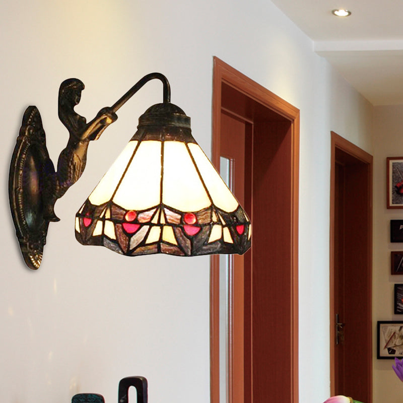 BowLift | Beige Glass Cone Wall Mounted Light Tiffany 1 Head Antique Bronze Wall Lamp for Hallway