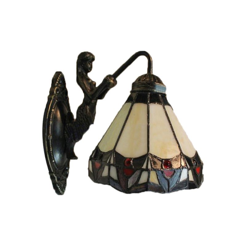BowLift | Beige Glass Cone Wall Mounted Light Tiffany 1 Head Antique Bronze Wall Lamp for Hallway