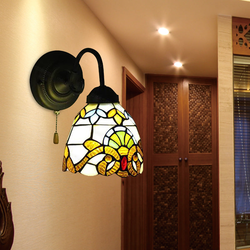 BowLift | Yellow Dome Wall Lamp Victorian Stained Glass 1 Head Wall Fixture Light with Pull Chain for Hallway