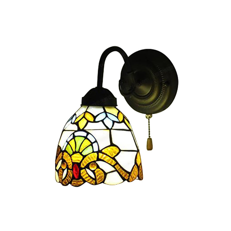 BowLift | Yellow Dome Wall Lamp Victorian Stained Glass 1 Head Wall Fixture Light with Pull Chain for Hallway