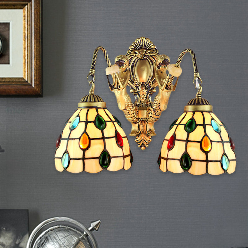 BowLift | Decorated Beige Glass Wall Light Fixture 2 Heads Brass Wall Mount Light for Bedroom